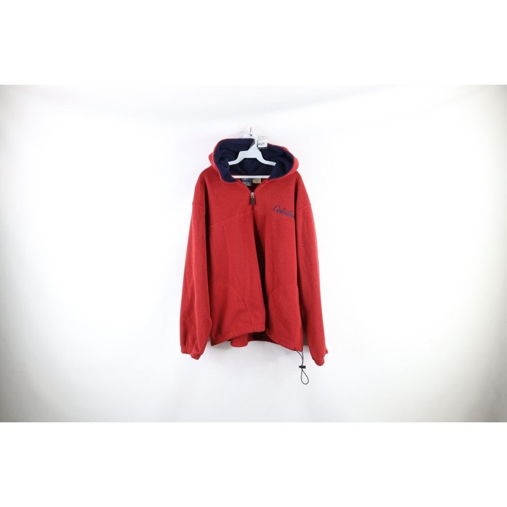 Vintage 90s Cabelas Mens Large Spell Out Baggy Fit Half Zip Fleece Hoodie Red